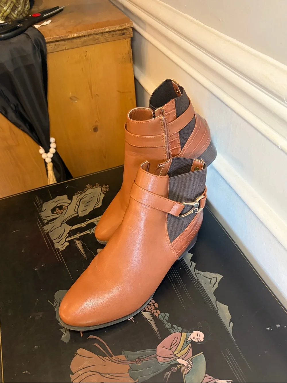 Karen Scott Cognac Leather Ankle Booties with Buckle